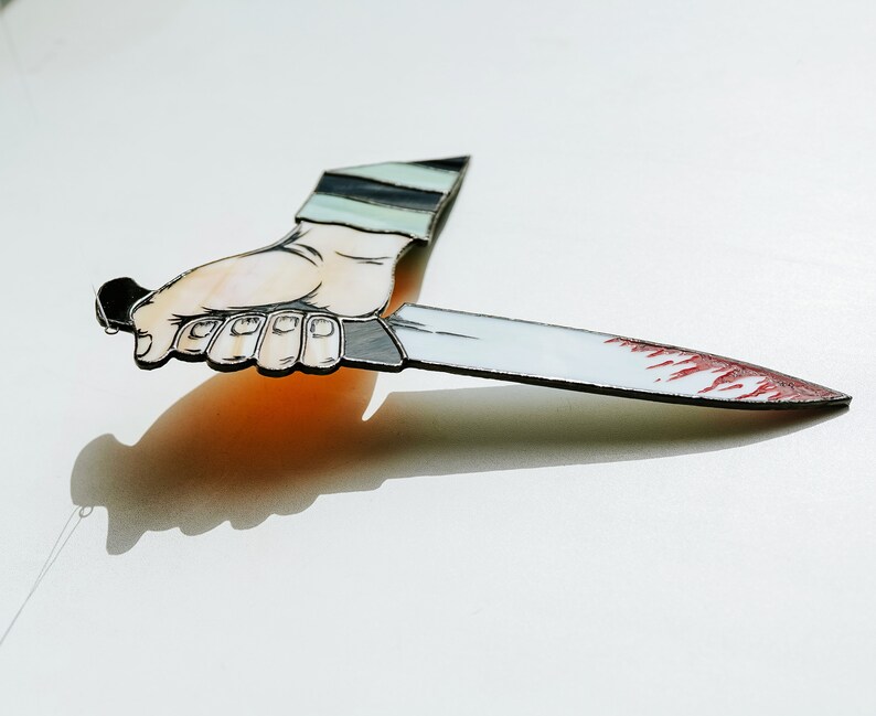 Creepy hand with knife Stained glass Halloween suncatcher