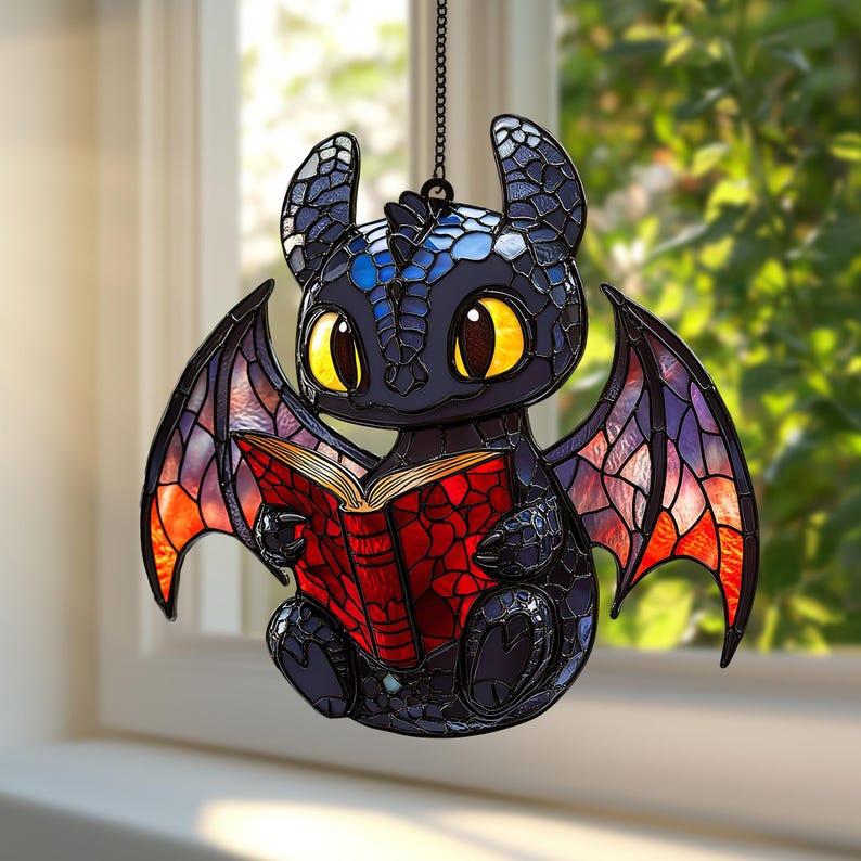 Cute Dragon Read Book Faux Stained Glass Suncatcher