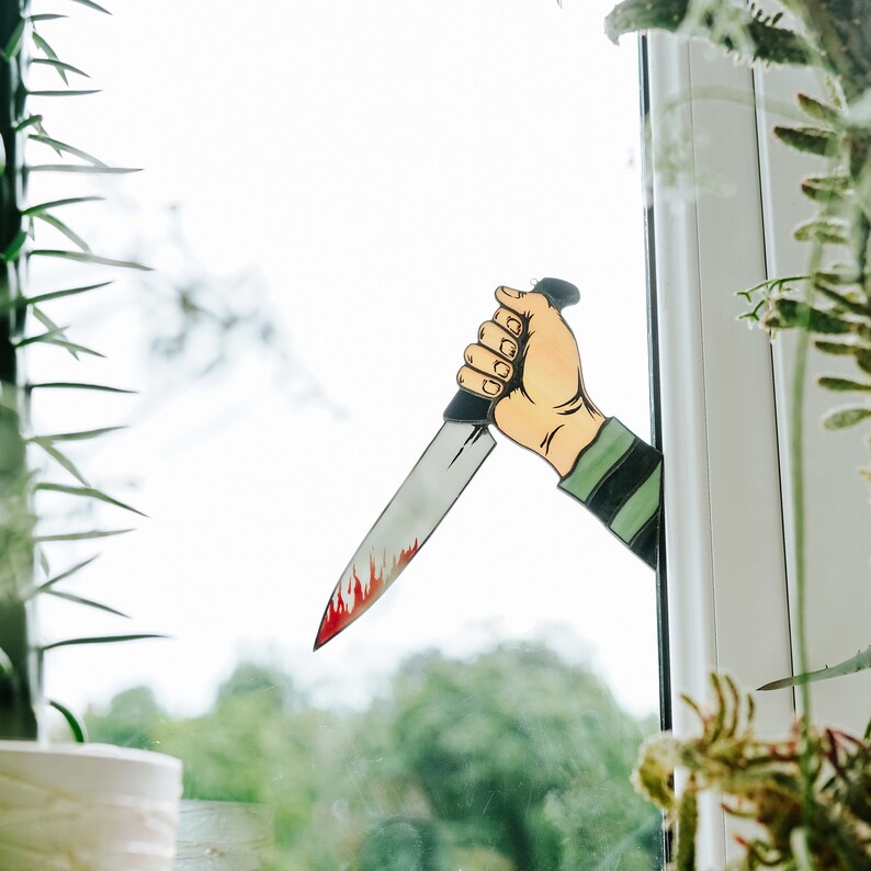 Creepy hand with knife Stained glass Halloween suncatcher