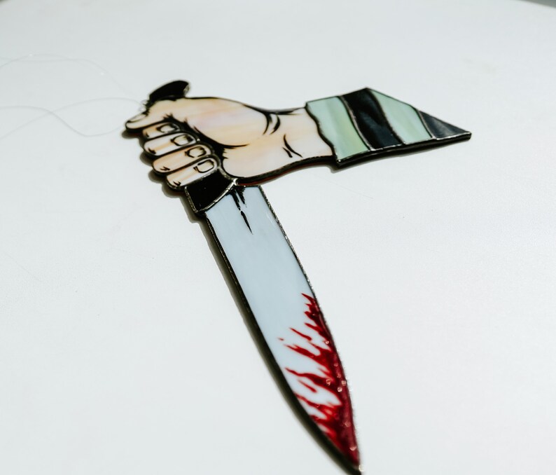Creepy hand with knife Stained glass Halloween suncatcher