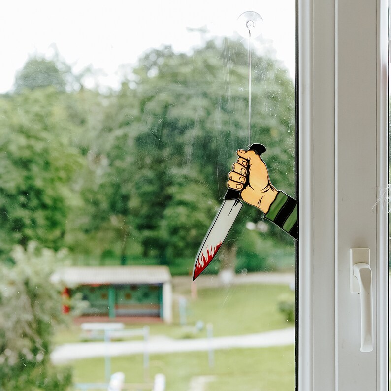Creepy hand with knife Stained glass Halloween suncatcher