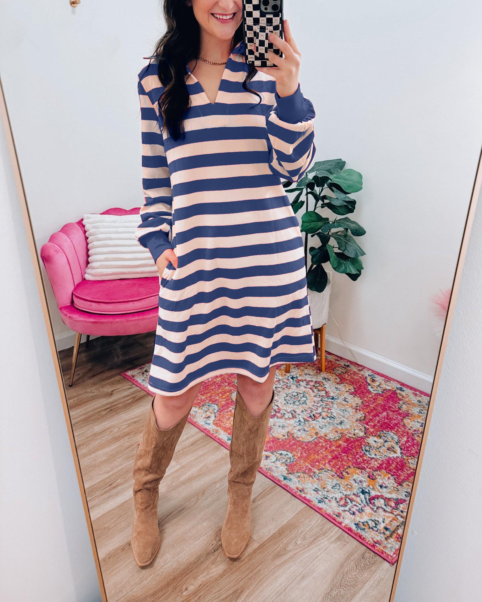Casual Striped V-Neck Long Sleeve Loose Dress With Pockets (Buy 2 Free Shipping)