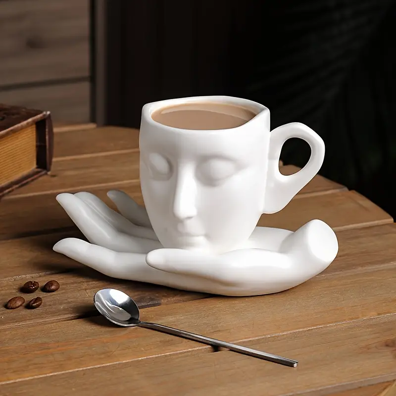 Ceramic Face Coffee Cup with Dish and Spoon