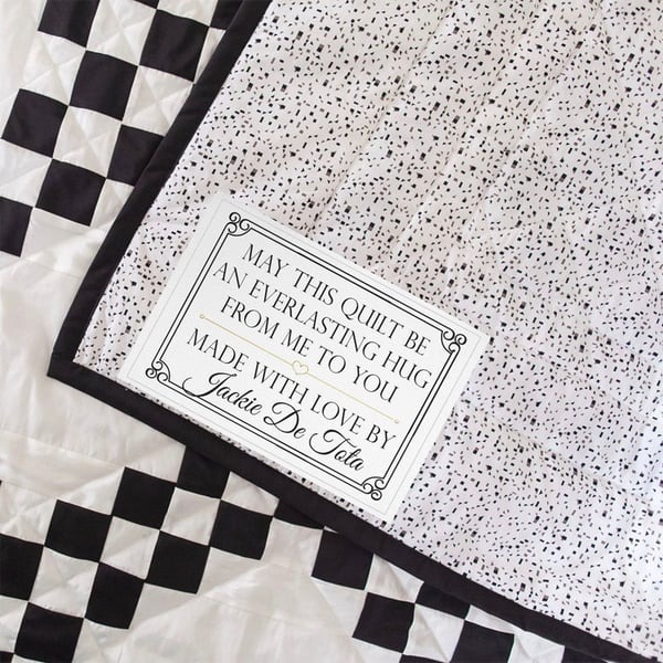 Personalized quilt labels in or Polyester with sew-on or iron on backing. Printed