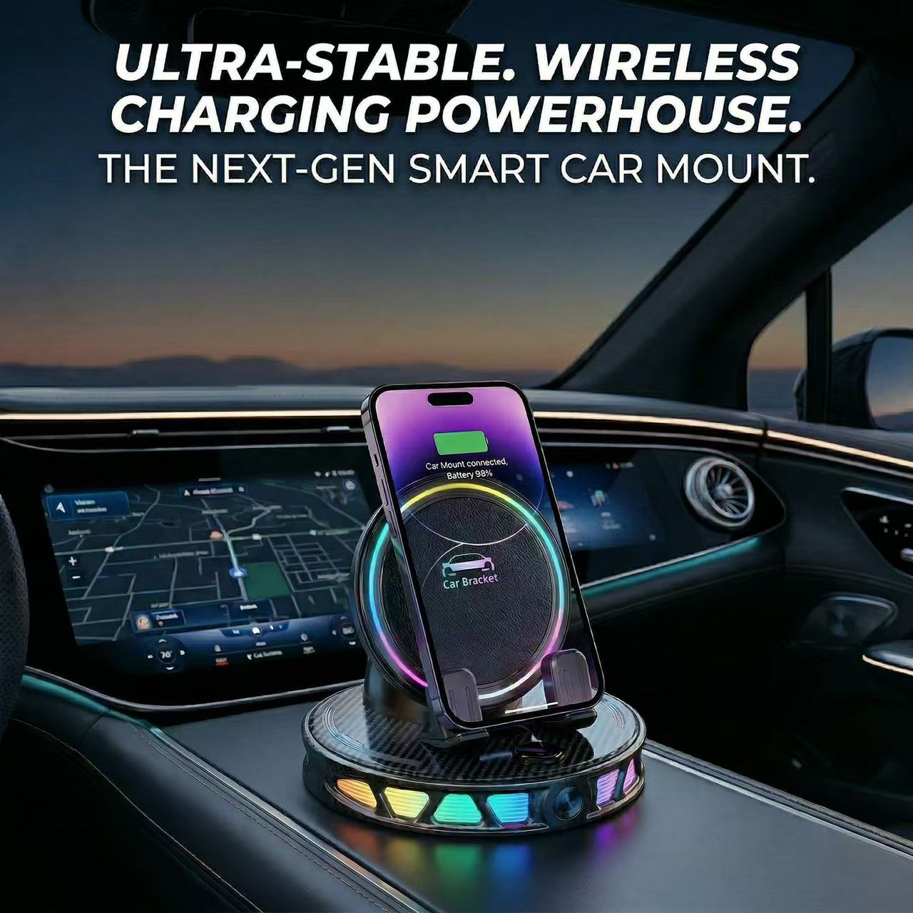 🚗 RGB Wireless Charging Car Phone Mount – Vacuum Suction & Ambient Light Edition