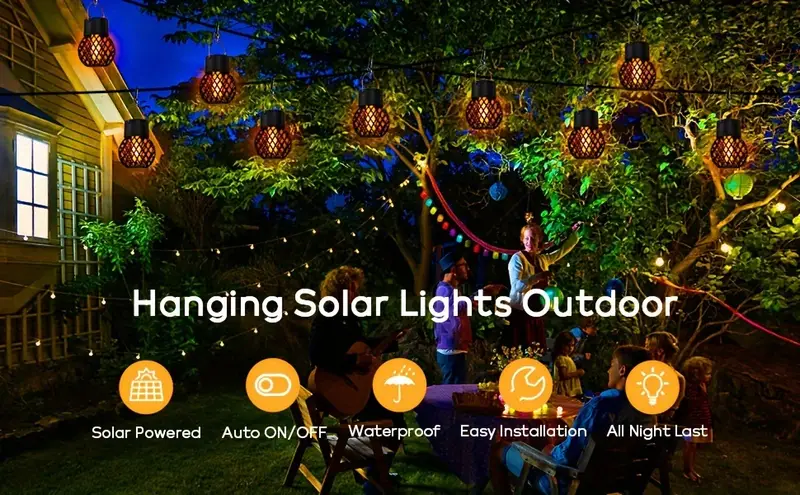 8 pack hanging solar lights outdoor waterproof mini solar lanterns outdoor hanging with flickering flame solar powered landscape garden lights for camping christmas decor patio garden walkway details 0