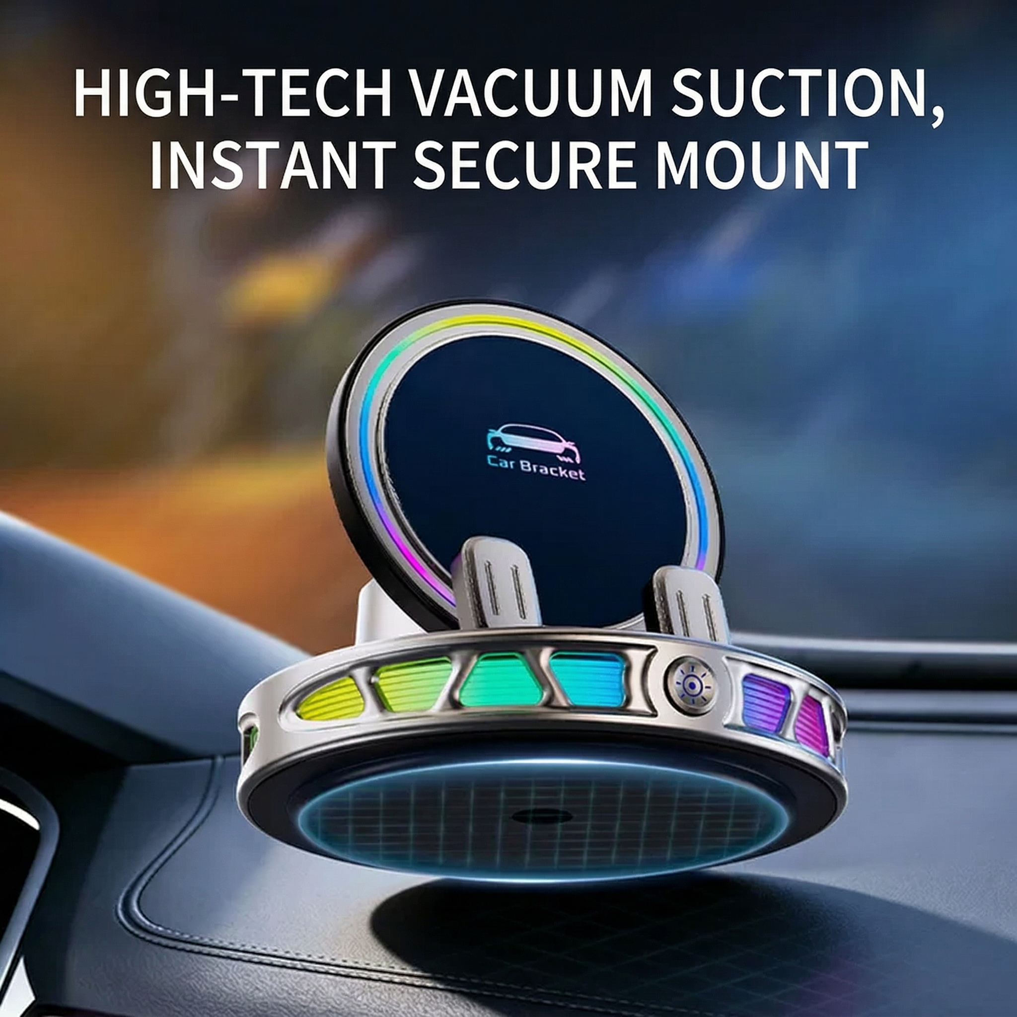 🚗 RGB Wireless Charging Car Phone Mount – Vacuum Suction & Ambient Light Edition