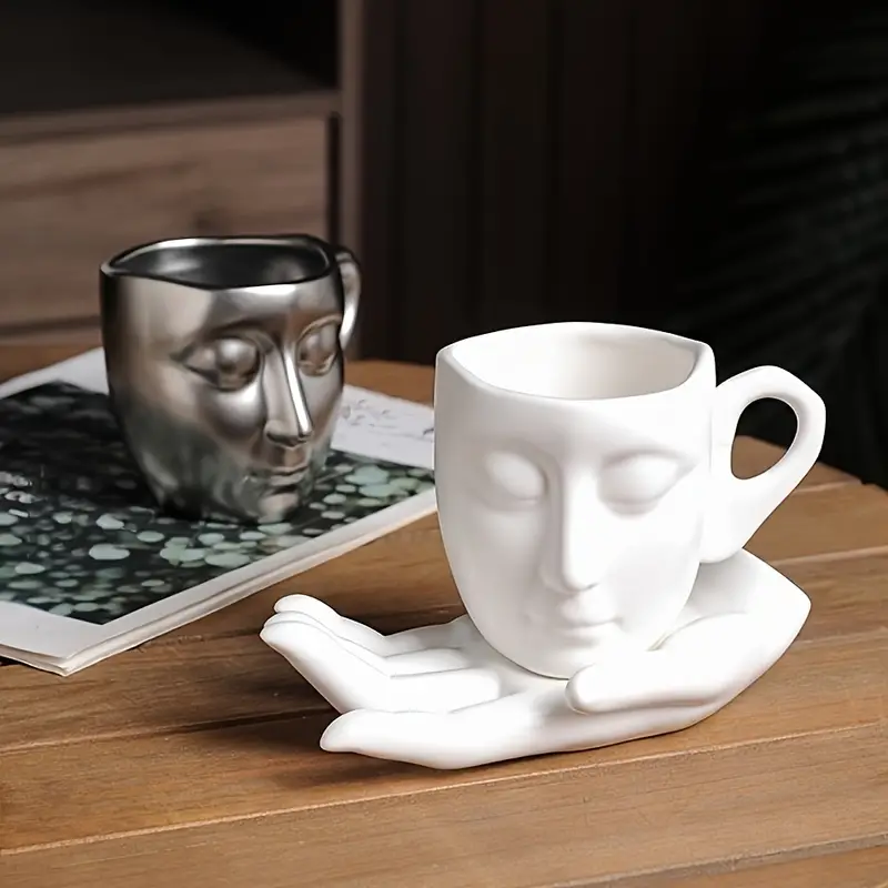 Ceramic Face Coffee Cup with Dish and Spoon