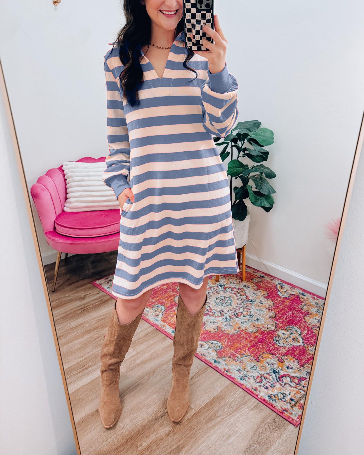 Casual Striped V-Neck Long Sleeve Loose Dress With Pockets (Buy 2 Free Shipping)