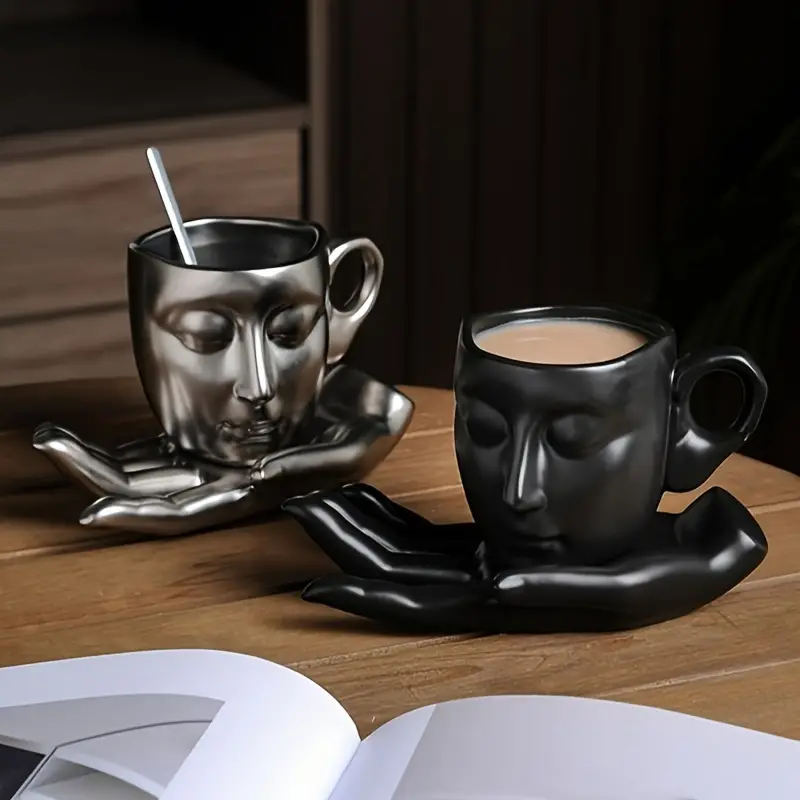 Ceramic Face Coffee Cup with Dish and Spoon