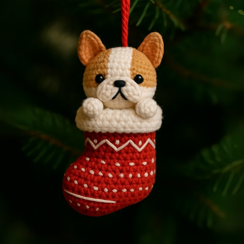 Bulldog-in-a-Stocking Crochet Ornament