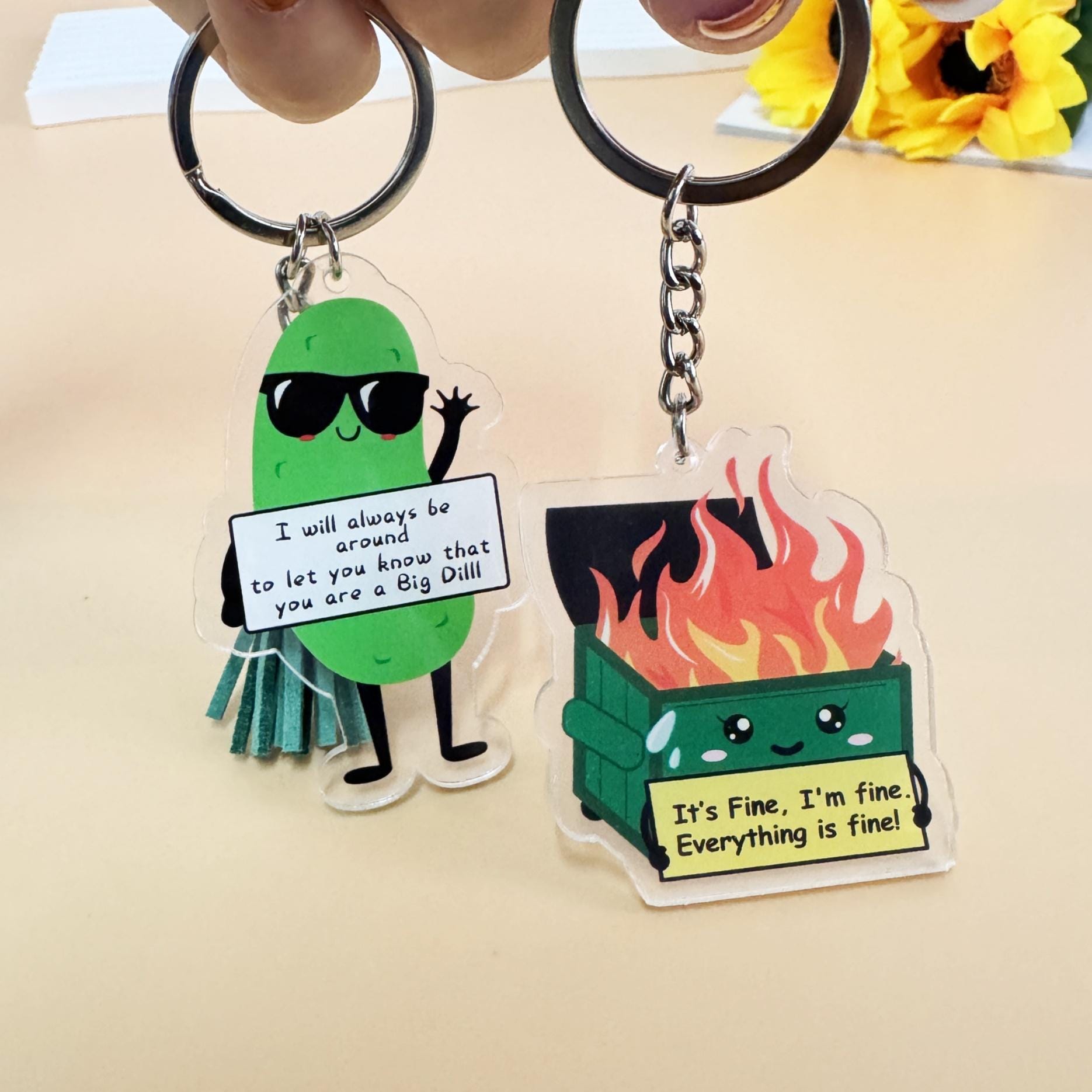 Dumpster Fire/Pickle/Potato Keychain with Positive Quote