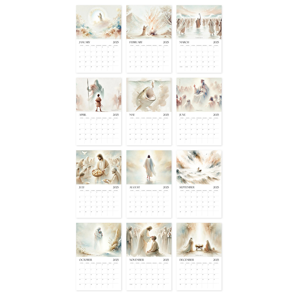 12 Months Wall Calendar 2025 Christian Bible Stories Paintings