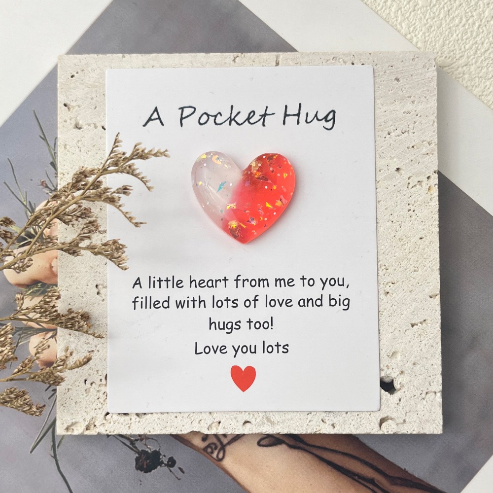 💕💕Little Heart Pocket Hugs Love Symbol Card (Cute resin heart decorative gift with an encouraging greeting)