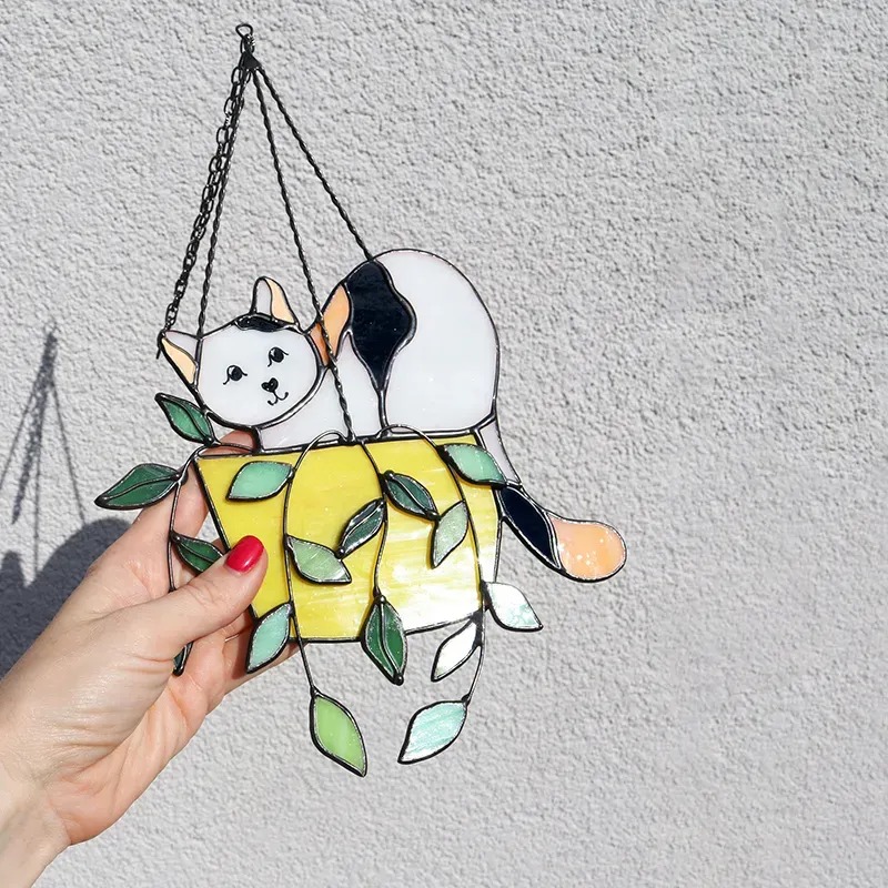 Cat in a flowerpot Suncatcher Stained Glass Window Hangins😽