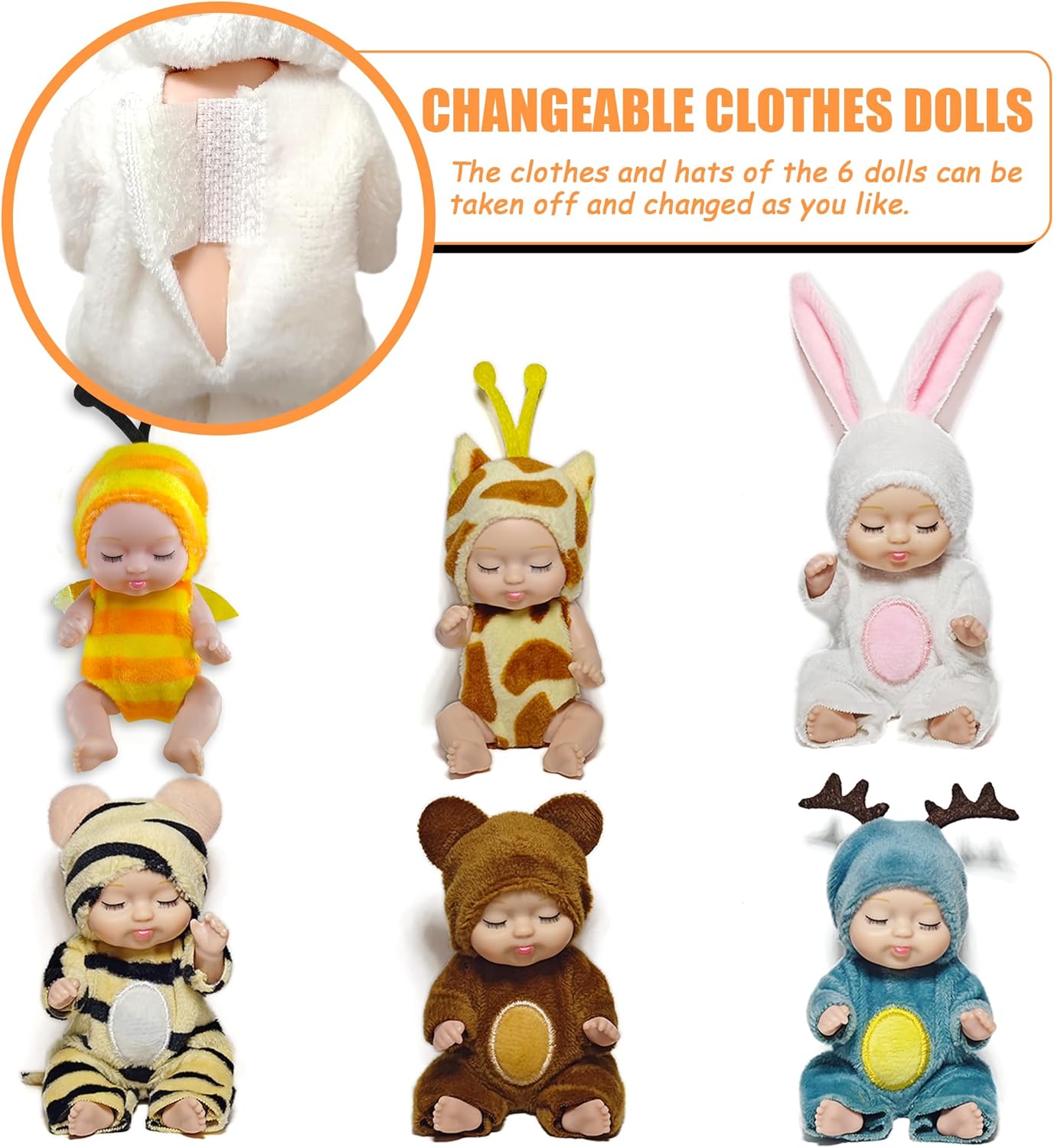 🐣Easter Egg Fillers: 6-Pc Mini Reborn Baby Doll Set | 4.3" Lifelike Realistic Sleeping Babies in Animal Outfits