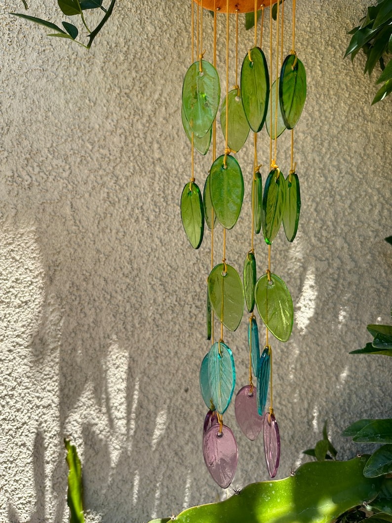 Rainbow Color Glass Leaf Wind Chime