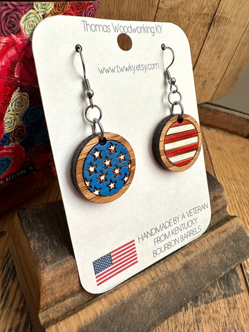 Kentucky Bourbon American Flag Dangle Earrings made from reclaimed Kentucky Bourbon Barrels. Patriotic gifts. 4th of July earrings.