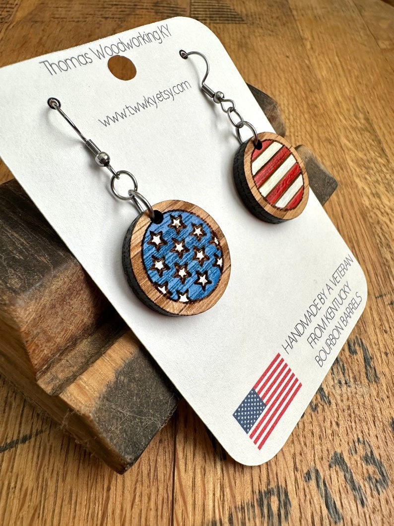 Kentucky Bourbon American Flag Dangle Earrings made from reclaimed Kentucky Bourbon Barrels. Patriotic gifts. 4th of July earrings.