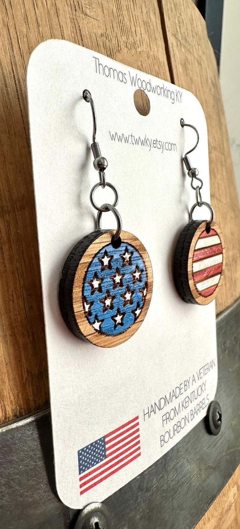 Kentucky Bourbon American Flag Dangle Earrings made from reclaimed Kentucky Bourbon Barrels. Patriotic gifts. 4th of July earrings.
