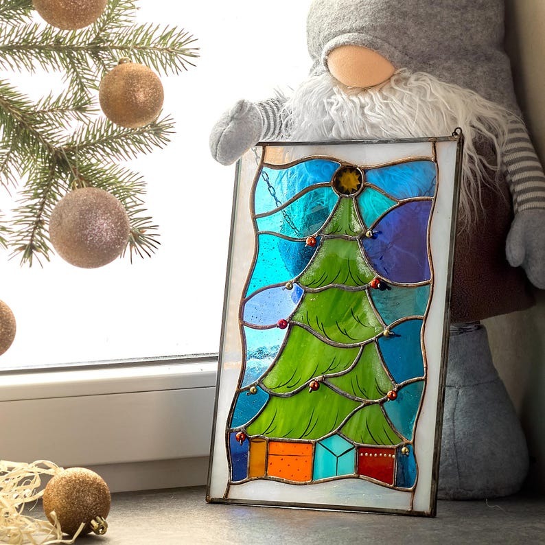 🎄Christmas Tree Stained Glass Panel with Presents