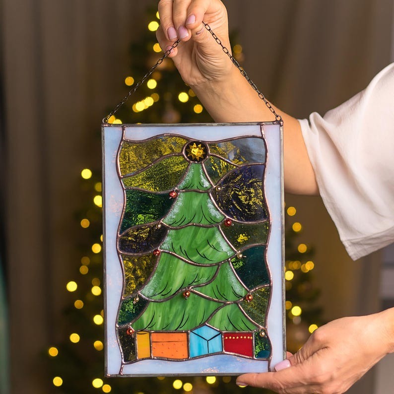 🎄Christmas Tree Stained Glass Panel with Presents