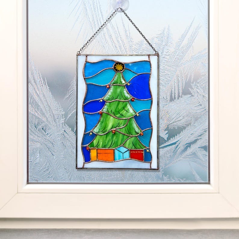 🎄Christmas Tree Stained Glass Panel with Presents