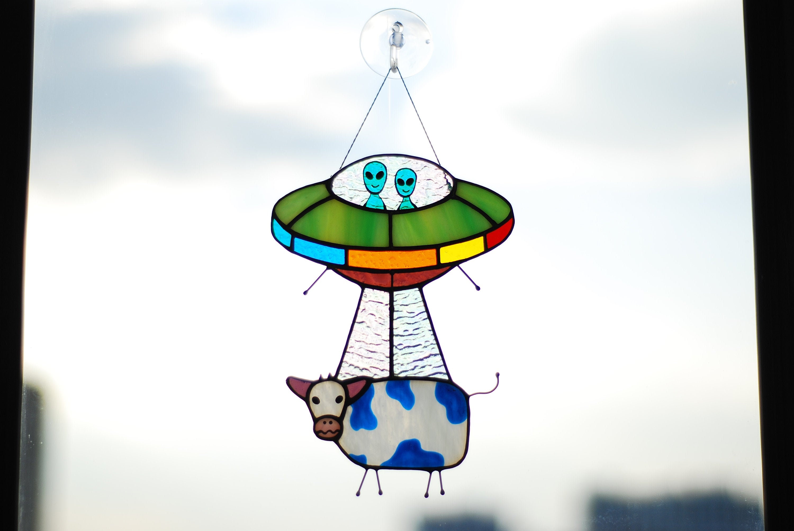 UFO Abduction A Cow Stained Glass Suncatchers