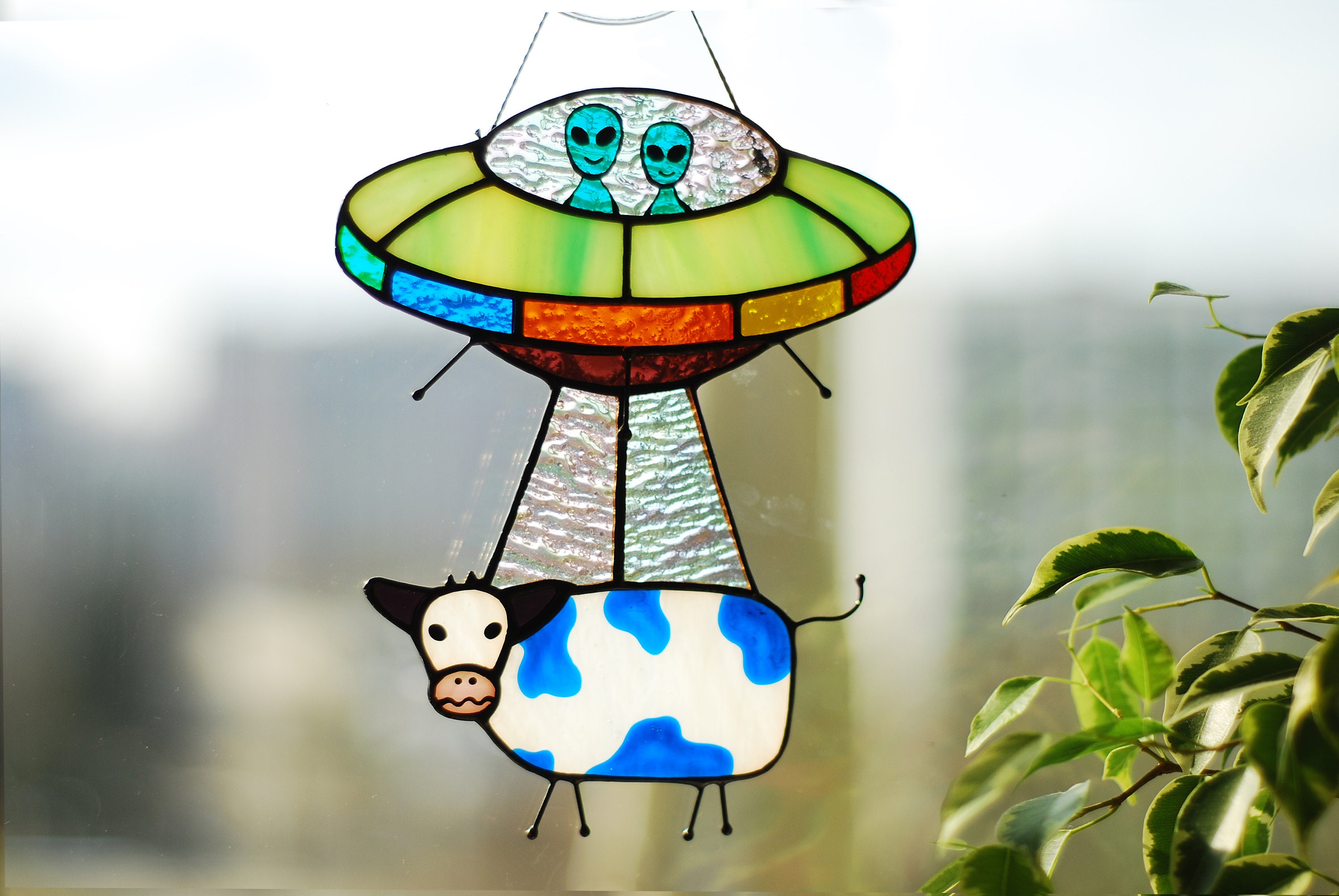 UFO Abduction A Cow Stained Glass Suncatchers