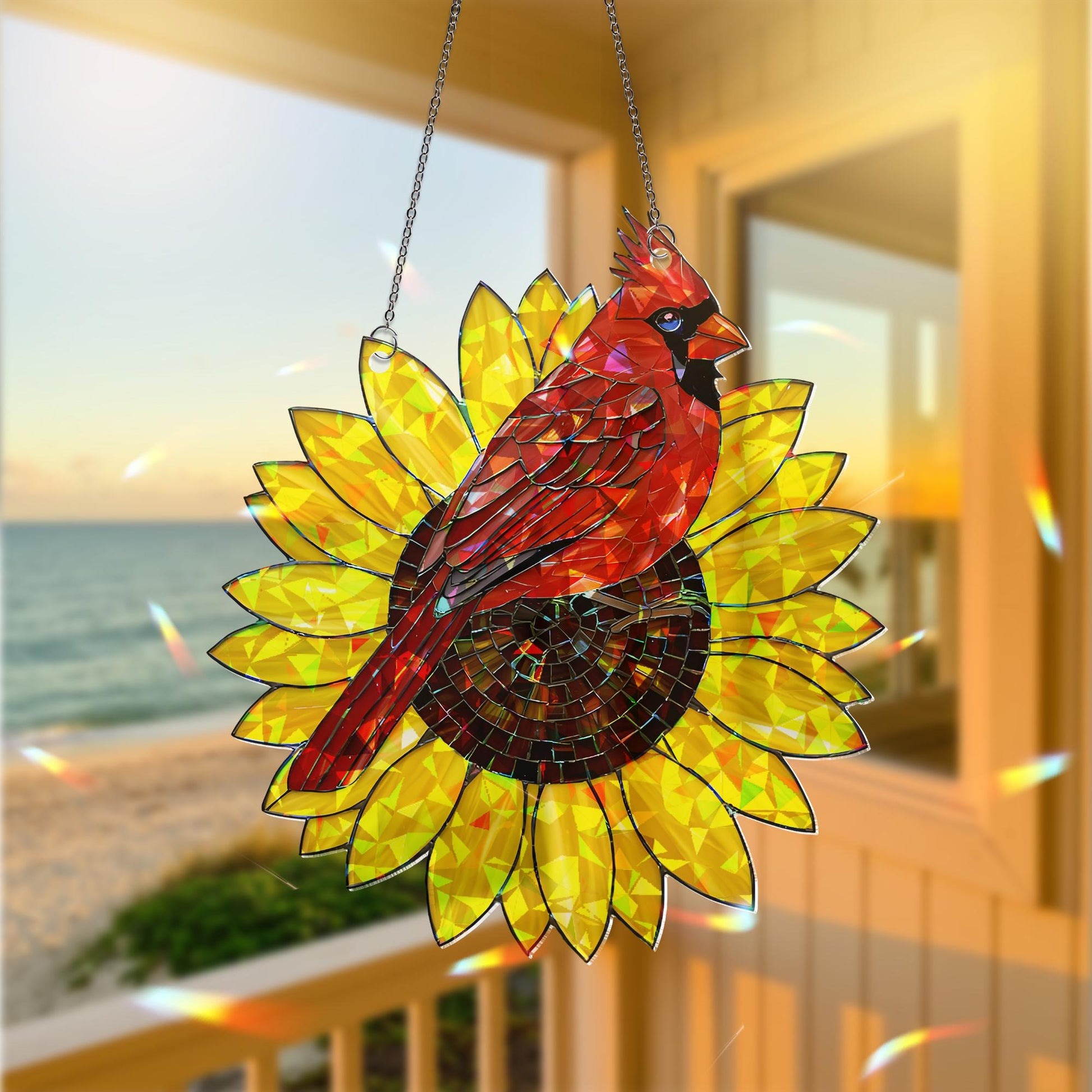 Cardinal and Sunflower Acrylic Hologram Window Hanging, Memorial Gift, Bird Lover Decor, Stained Glass Style Suncatcher, Cardinal Decor