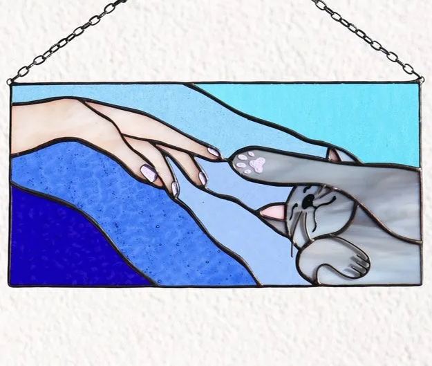 Stained Cat Glass Window Panel