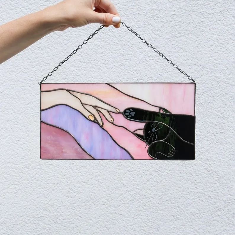 Stained Cat Glass Window Panel