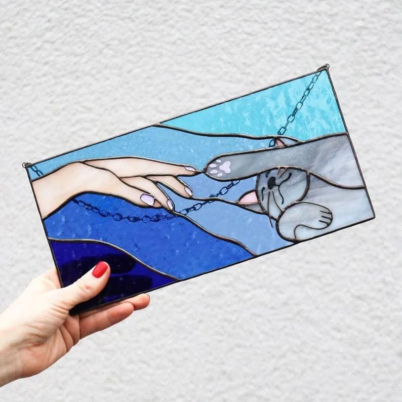 Stained Cat Glass Window Panel