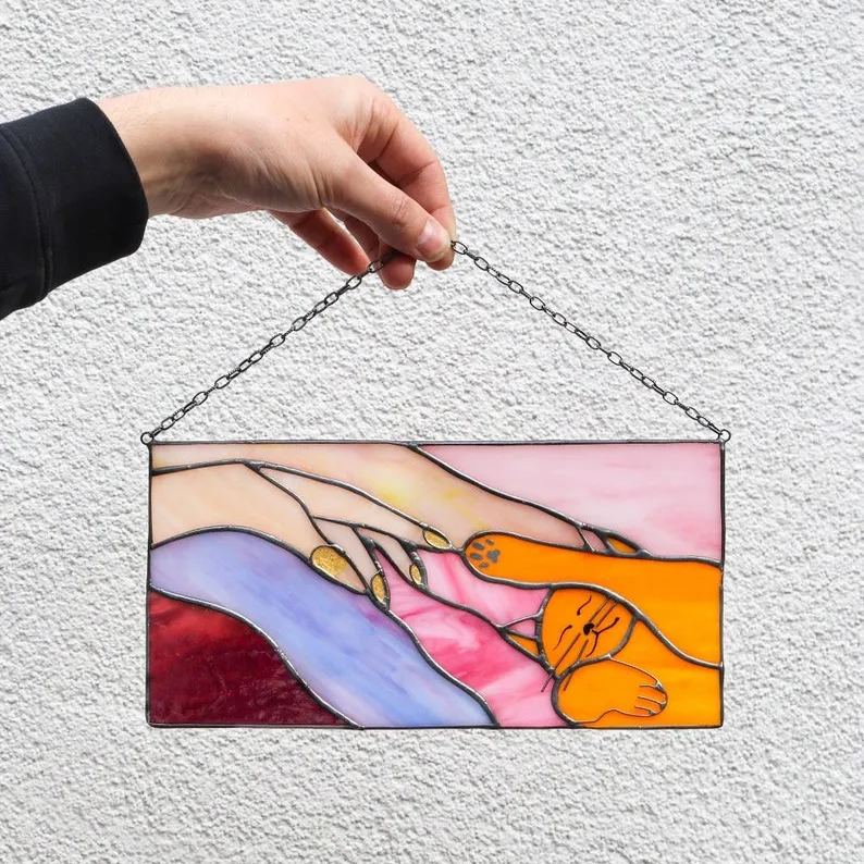 Stained Cat Glass Window Panel