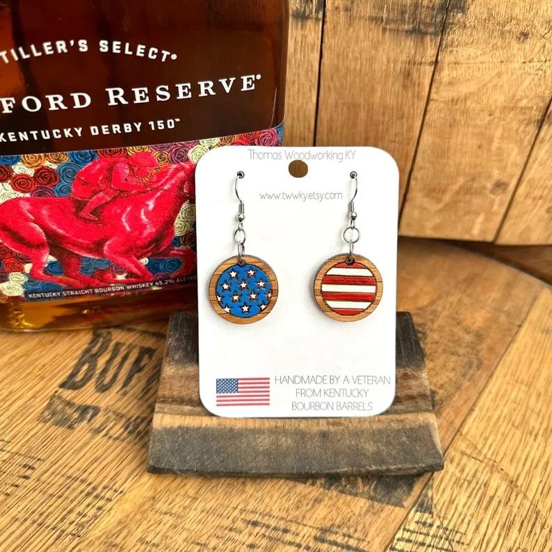 Kentucky Bourbon American Flag Dangle Earrings made from reclaimed Kentucky Bourbon Barrels. Patriotic gifts. 4th of July earrings.