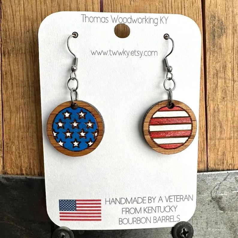 Kentucky Bourbon American Flag Dangle Earrings made from reclaimed Kentucky Bourbon Barrels. Patriotic gifts. 4th of July earrings.