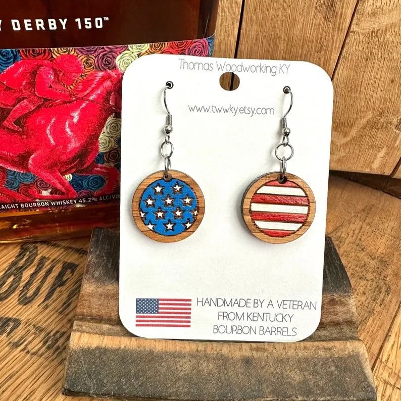 Kentucky Bourbon American Flag Dangle Earrings made from reclaimed Kentucky Bourbon Barrels. Patriotic gifts. 4th of July earrings.