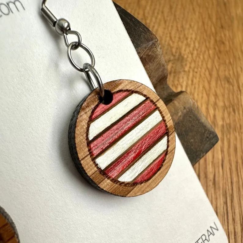 Kentucky Bourbon American Flag Dangle Earrings made from reclaimed Kentucky Bourbon Barrels. Patriotic gifts. 4th of July earrings.