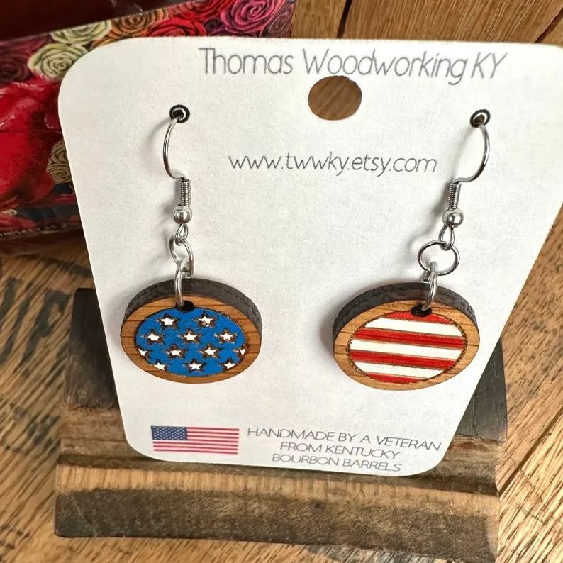 Kentucky Bourbon American Flag Dangle Earrings made from reclaimed Kentucky Bourbon Barrels. Patriotic gifts. 4th of July earrings.