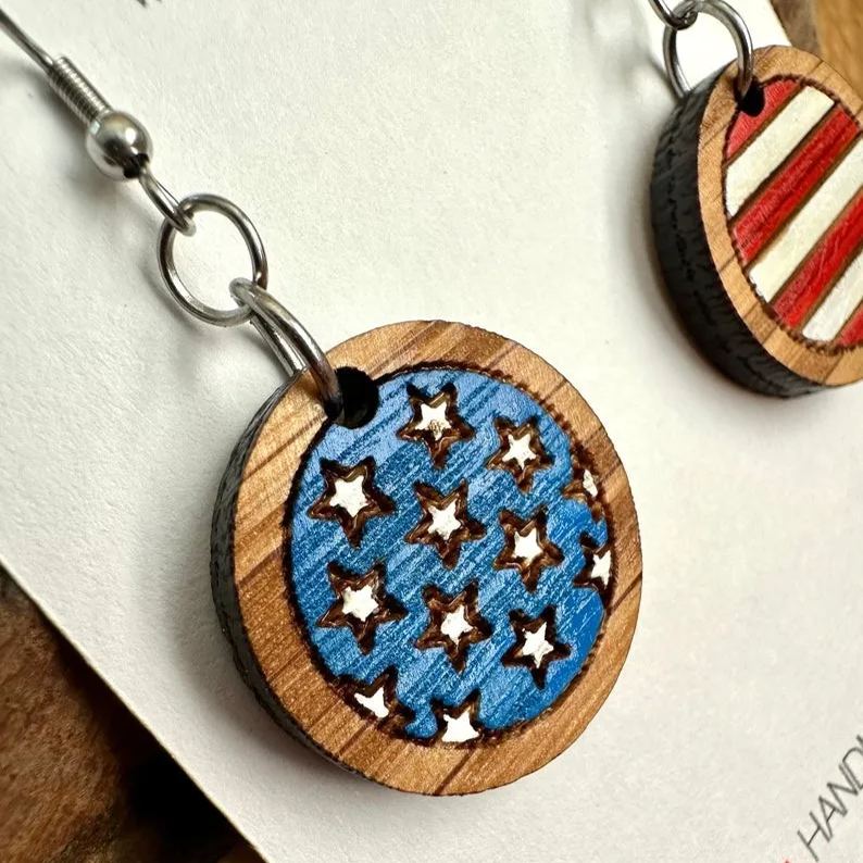 Kentucky Bourbon American Flag Dangle Earrings made from reclaimed Kentucky Bourbon Barrels. Patriotic gifts. 4th of July earrings.