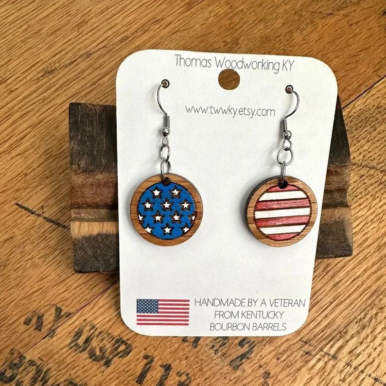 Kentucky Bourbon American Flag Dangle Earrings made from reclaimed Kentucky Bourbon Barrels. Patriotic gifts. 4th of July earrings.