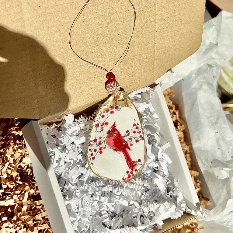 Handmade Cardinal Oyster Shell Christmas Ornament