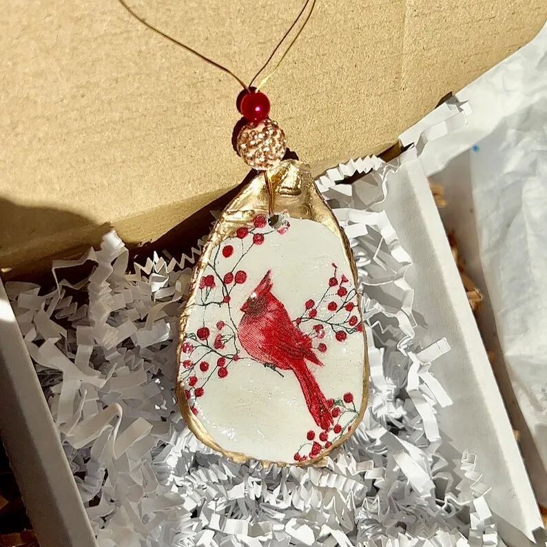 Handmade Cardinal Oyster Shell Christmas Ornament