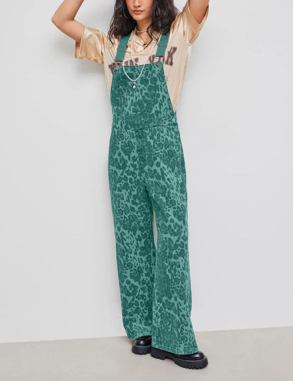 Leopard Pocket Buckle Up Wide Leg Oversized Jumpsuit (Buy 2 Free Shipping)