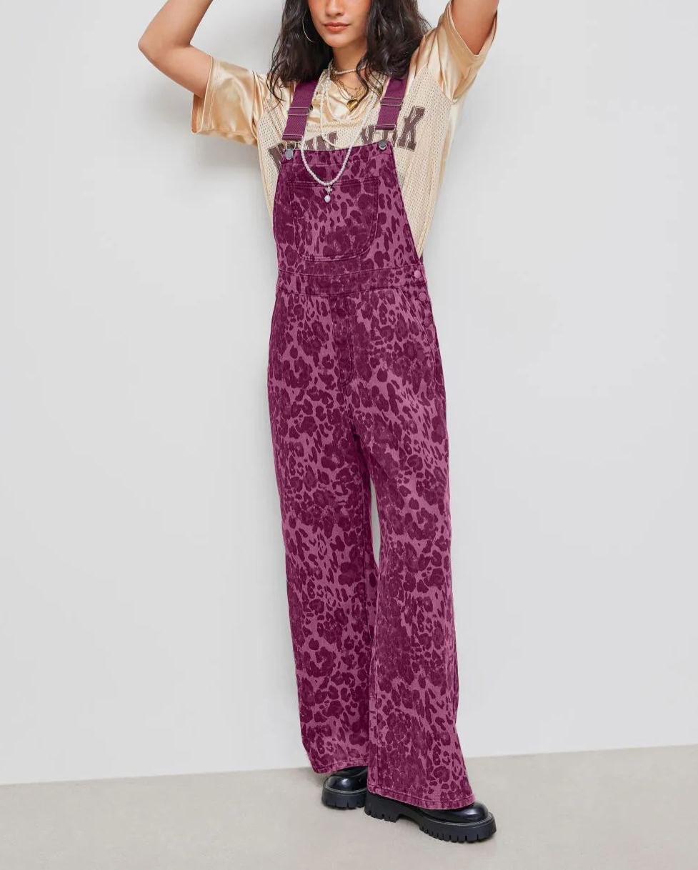 Leopard Pocket Buckle Up Wide Leg Oversized Jumpsuit (Buy 2 Free Shipping)