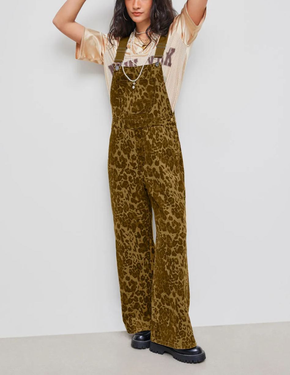 Leopard Pocket Buckle Up Wide Leg Oversized Jumpsuit (Buy 2 Free Shipping)