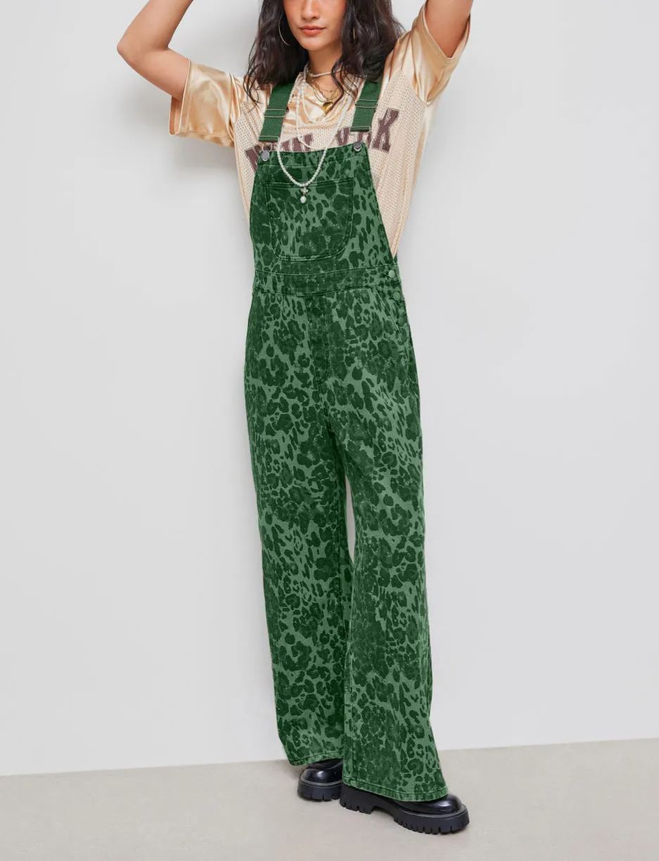 Leopard Pocket Buckle Up Wide Leg Oversized Jumpsuit (Buy 2 Free Shipping)