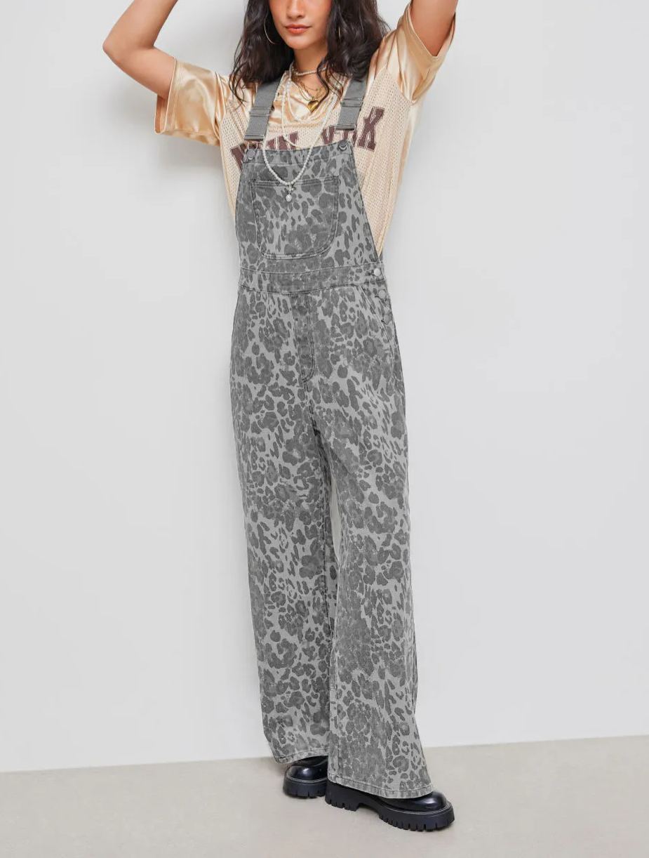 Leopard Pocket Buckle Up Wide Leg Oversized Jumpsuit (Buy 2 Free Shipping)