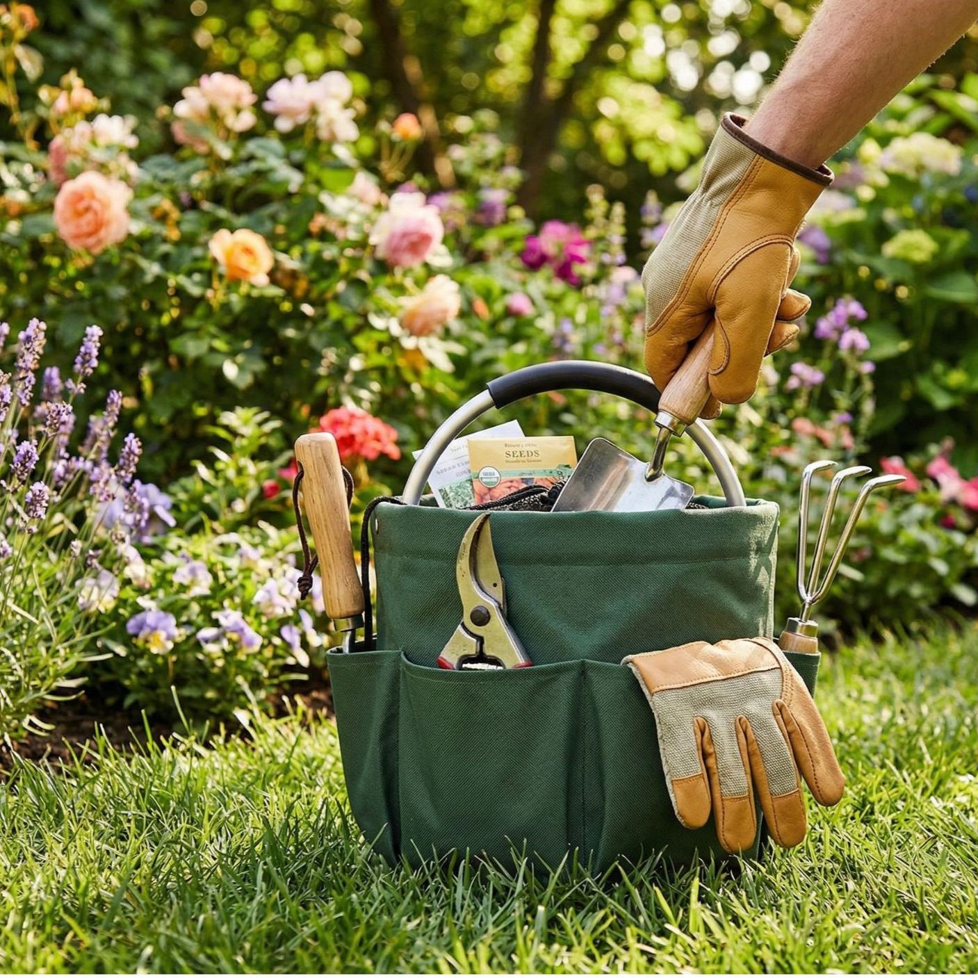 Foldable storage basket for gardening and camping