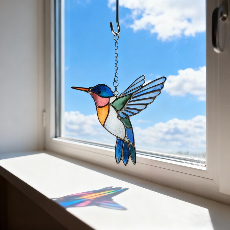 ✨ Hummingbird Stained Glass Suncatcher – Hand‑Cut Light Catcher for Your Window